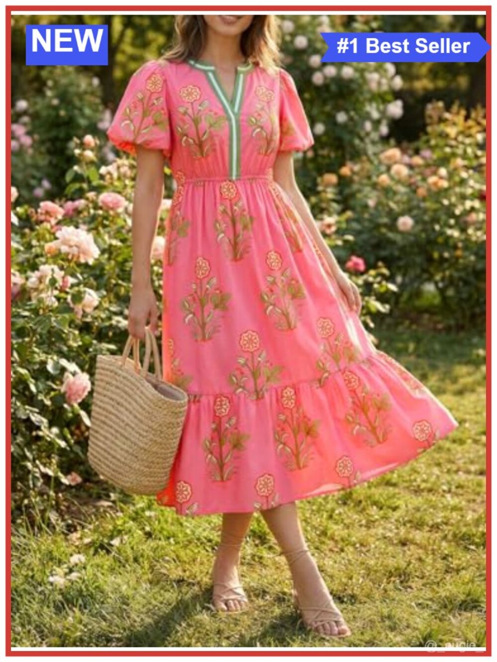 Womens Floral Print Maxi Dress V Neck Puff Short Sleeve Boho Beach Casual A-Line - Picture 3 of 6